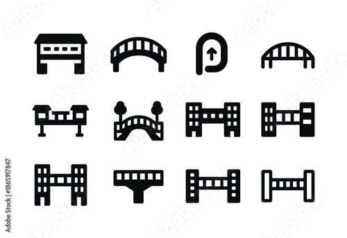 Urban Connector Icons. Urban connectors. Solid icon set of Urban connectors: skybridge, pedestrian bridge, escalator tunnel, footpath bridge, transit link,