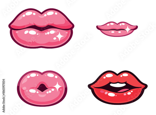 Set of glossy pink and red cartoon lips vector illustration