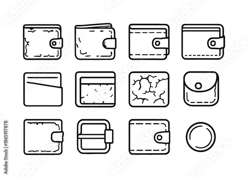Leather Wallet Icons. old leather wallet. Line icon set of old leather wallet: worn wallet, folded wallet, open wallet, coin pocket, card slot, stitching