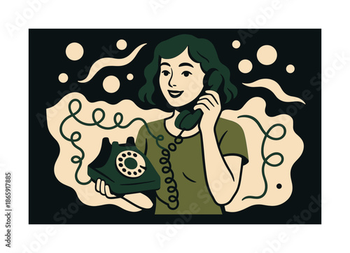 Retro Phone Aesthetic. Retro telephone styling. Model holding a rotary phone; curly cord forming playful loops. Bubbles and soft waves around the pose. Modern