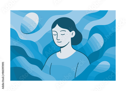 Floating Shapes and Shadows. Monochromatic tones. Soft gradients flow across floating shapes; a calm figure emerges from layered shadows. Gentle contrasts hint