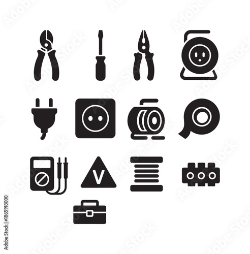 Black Electrical Tools Icons. Electrical Tools. Solid icon set of Electrical Tools: wire cutter, screwdriver, pliers, power plug, socket outlet, cable reel,