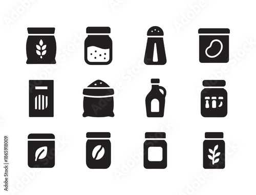 Pantry Essentials Icons. Pantry essentials. Solid icon set of Pantry essentials: flour bag, sugar jar, salt shaker, canned beans, pasta box, rice bag, cooking