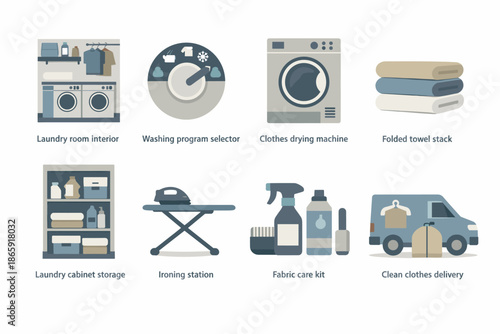 Laundry room essentials and services illustrated in a modern style