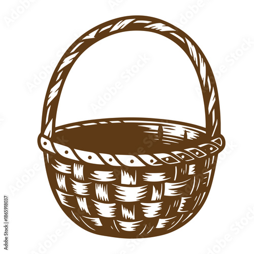 Brown wicker basket with handle on white background  empty woven basket for carrying items