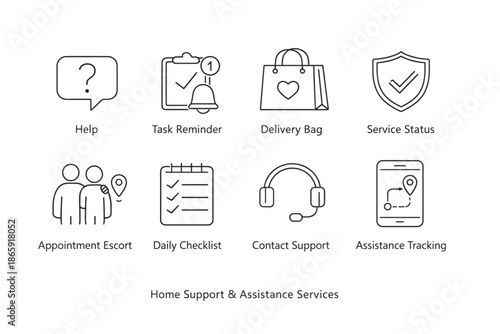 Home support and assistance services icons set