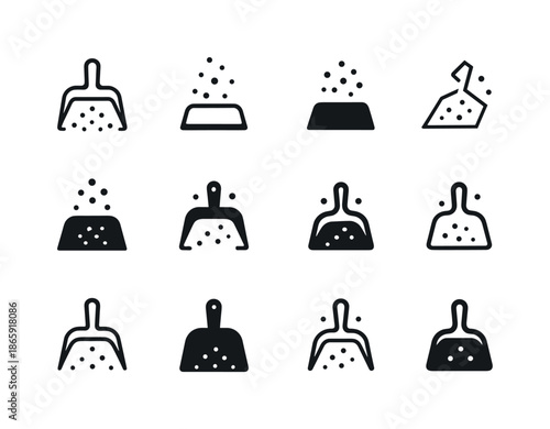 Dust Logo Variations. Dust. Icon set. Set Logo of Dust: dustpan with light scattering particles. harmonious logo variations of the same emblematic concept,