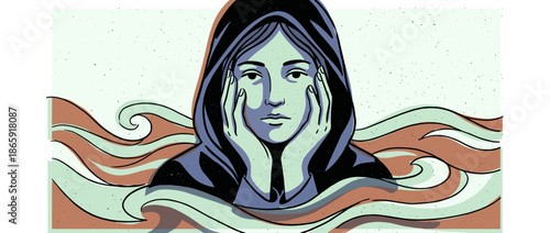 Hooded woman with a pensive expression holds her face in her hands, surrounded by flowing abstract waves in a graphic, melancholic illustration with a speckled texture