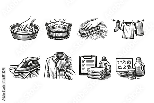 Vintage laundry illustrations set with washing clothes and ironing scenes