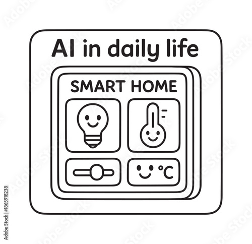 Smart Home Coloring. AI in daily life children?s coloring book illustration, outlined drawing, simple smart home panel with smiling icons for lights and