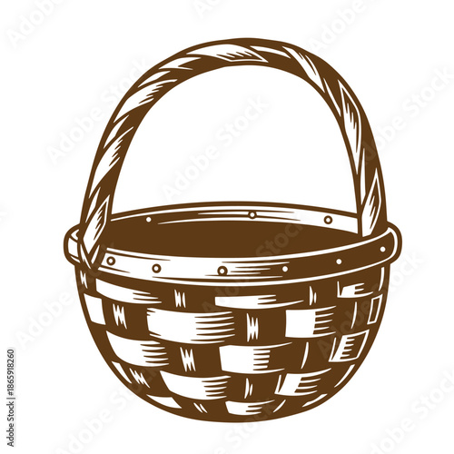 brown wicker basket with handle on white background