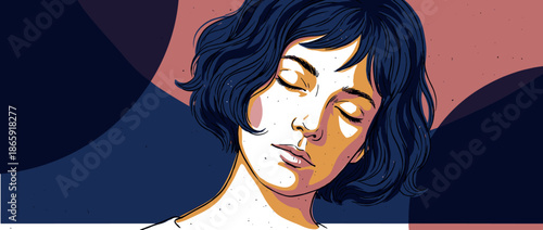Beautiful young woman's illustrated portrait with closed eyes and short wavy blue hair in a serene, thoughtful mood with a graphic comic style and bold colors