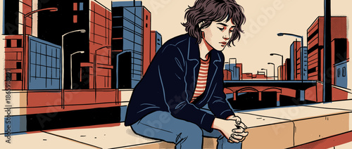 Sad young person with short hair sits alone on a city ledge, looking down with a melancholic expression in a graphic novel style illustration with a limited color palette