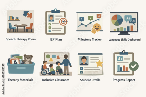 Education icons set depicting classroom and learning activities