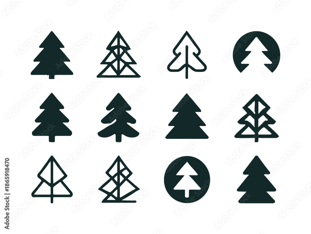 Obraz premium Holiday Icon Variations. Holiday-themed invitation designs. Icon set. Set Logo of holiday-themed invitation designs: winter pine tree. harmonious