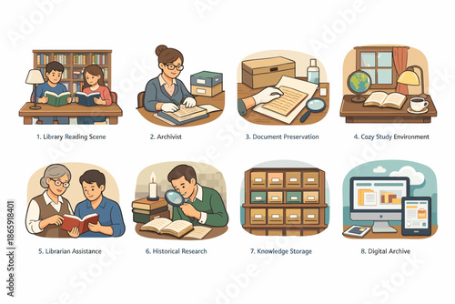 Library and archival scenes with librarians and researchers in various settings