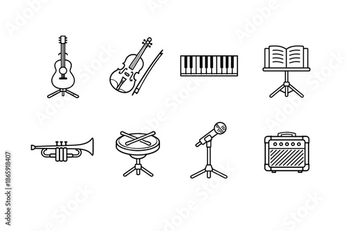 Musical instrument icons set including guitar, violin, piano and more