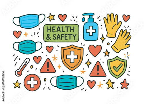 Health & Safety Doodles. Health & Safety. Colorful Hand-drawn doodle Children illustration Health & Safety masks, hand sanitizer, gloves, first aid signs,