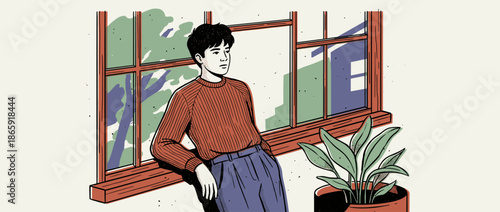 Young thoughtful man in a red sweater leans against a large window, looking outside with a pensive expression in a modern graphic illustration with bold lines and limited colors