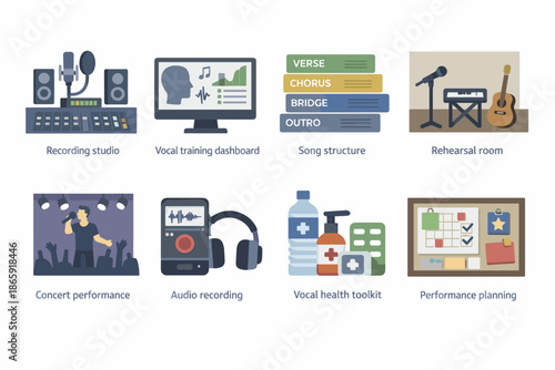 Music production and performance illustration set with various tools