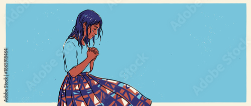 Sad young woman with dark hair prays with her hands clasped and head bowed, crying with a tear on her cheek in a moment of grief and solitude in a wide panoramic illustration