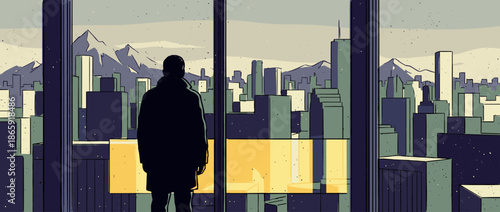 Silhouetted man in a dark coat stands alone looking out a large window at a sprawling cityscape with distant mountains, rendered in a pensive graphic novel art style