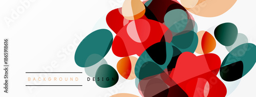 Abstract colorful shapes overlap, creating modern background design. Red, teal, orange hues dominate composition. Simple, clean aesthetic.