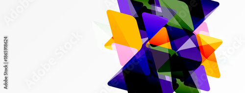 Abstract colorful shapes overlap, creating dynamic composition. Bright hues contrast against white background. Modern design element.