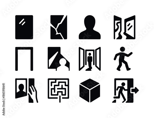 Maze of Mirrors. Wandering through a maze of mirrors. Solid icon set of Wandering through a maze of mirrors: mirror panel, broken mirror shard, reflection