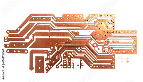 Copper circuit board, intricate paths on a black background