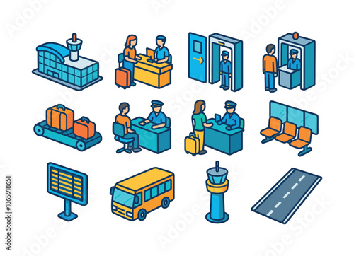 Colorful Airport Icons. Airport. Colorful isometric vector icons set of Airport: terminal building, check-in counter, boarding gate, security scanner, luggage