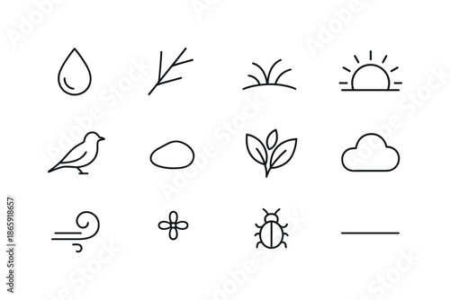 Morning Nature Icons. Early morning nature. Line icon set of early morning nature: dew droplet, branch outline, grassy mound, rising sun, bird silhouette,
