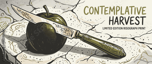 Ornate vintage knife and a green apple are depicted in a stylized risograph print illustration with halftone textures and a dramatic, contemplative mood