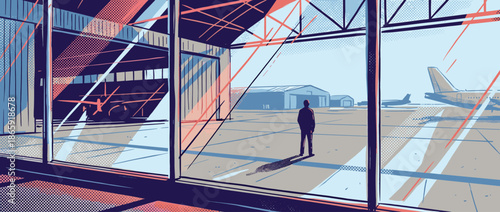 Stylized graphic illustration of a lone person standing on an airport tarmac, viewed from inside a hangar with a pensive and solitary mood in a comic book art style