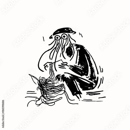 Quirky Vintage Illustration of a Knitting Octopus