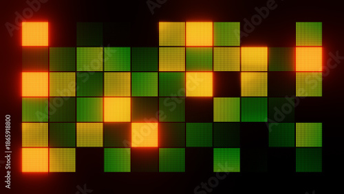 Green and orange squares glowing, forming a dynamic background in retro technology and gaming style