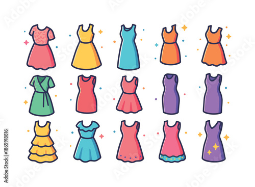 Colorful Dress Icons. Dress Styles. Colorful isometric vector icons set of Dress Styles: lace dress, A-line dress, maxi dress, mini dress, wrap