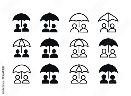 Liability Icon Set. Liability. Icon set. Set Logo of Liability: umbrella protection. harmonious logo variations of the same emblematic concept, each with