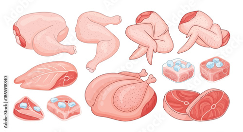 Raw chicken pieces and cuts displayed with ice for freshness