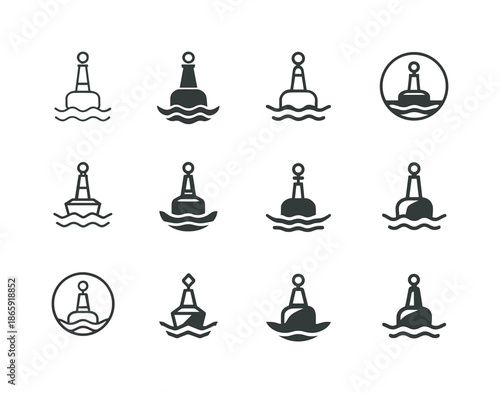Buoy Logo Variations. Buoy floating. Icon set. Set Logo of buoy floating: round ocean buoy. harmonious logo variations of the same emblematic concept, each