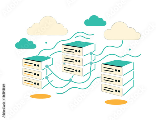 Floating Server Network. Cloud server hub. Floating server stacks connect through glowing threads; soft geometric clouds drift above. Smooth signals move