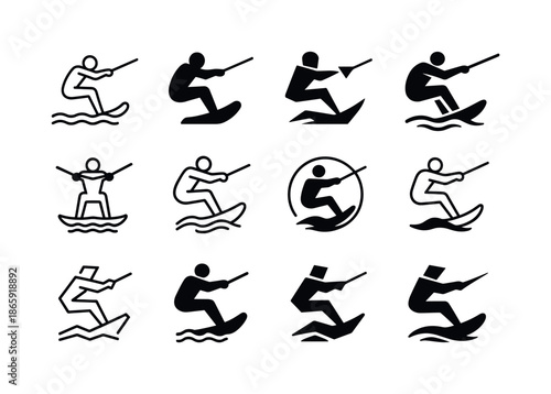 Wakeboarding Logo Collection. Wakeboarding. Icon set. Set Logo of wakeboarding: wakeboarder silhouette. harmonious logo variations of the same emblematic
