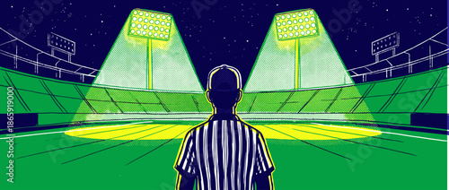 Sports referee in a striped uniform stands alone on an empty green field in a large stadium illuminated by bright floodlights at night, a graphic comic book style illustration