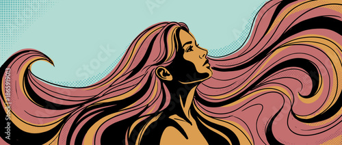 Beautiful woman with long, flowing pink hair looks upward in a dynamic pop art illustration with a retro comic book style and halftone texture