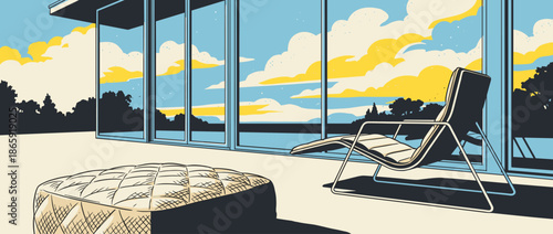 Sleek contemporary chaise longue and ottoman on a tranquil, sun-drenched patio of a minimalist home with floor-to-ceiling glass walls reflecting the sky