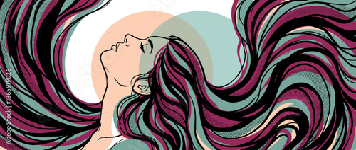 Illustrated woman with long flowing colorful hair in a pop art comic style, her head tilted back with closed eyes in a serene expression of pleasure and freedom