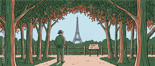 Elderly man in a green suit and hat stands alone in a park, looking at a famous iron lattice tower through an arch of trees in a contemplative comic book style illustration
