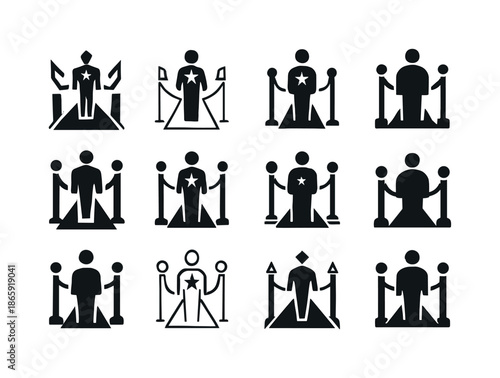 Red Carpet Icons. Red carpet entrance. Icon set. Set Logo of Red carpet entrance: celebrity silhouette. harmonious logo variations of the same emblematic