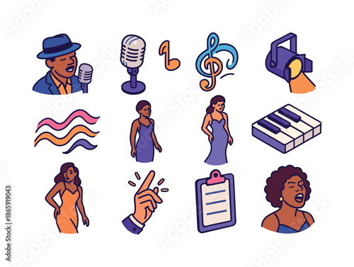 Jazz Icon Set. Jazz singers. Colorful isometric vector icons set of Jazz singers: singer with hat, classic mic, musical note swirl, stage spotlight, vocal run