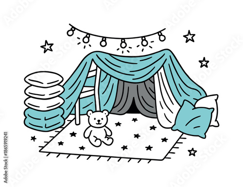 Cozy Blanket Forts. Blanket Forts. Hand-drawn doodle illustration Blanket Forts blankets draped (accented #7dd9e7), pillow stack, chair frame (accented